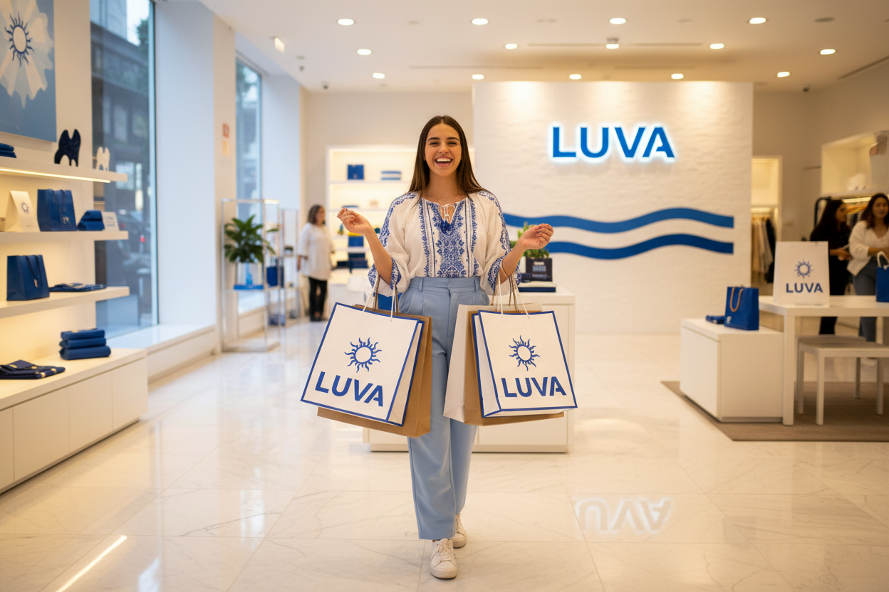 necesito que hatya una persona y que este el nombre de la tienda LUVA y convines los colres de mi logo